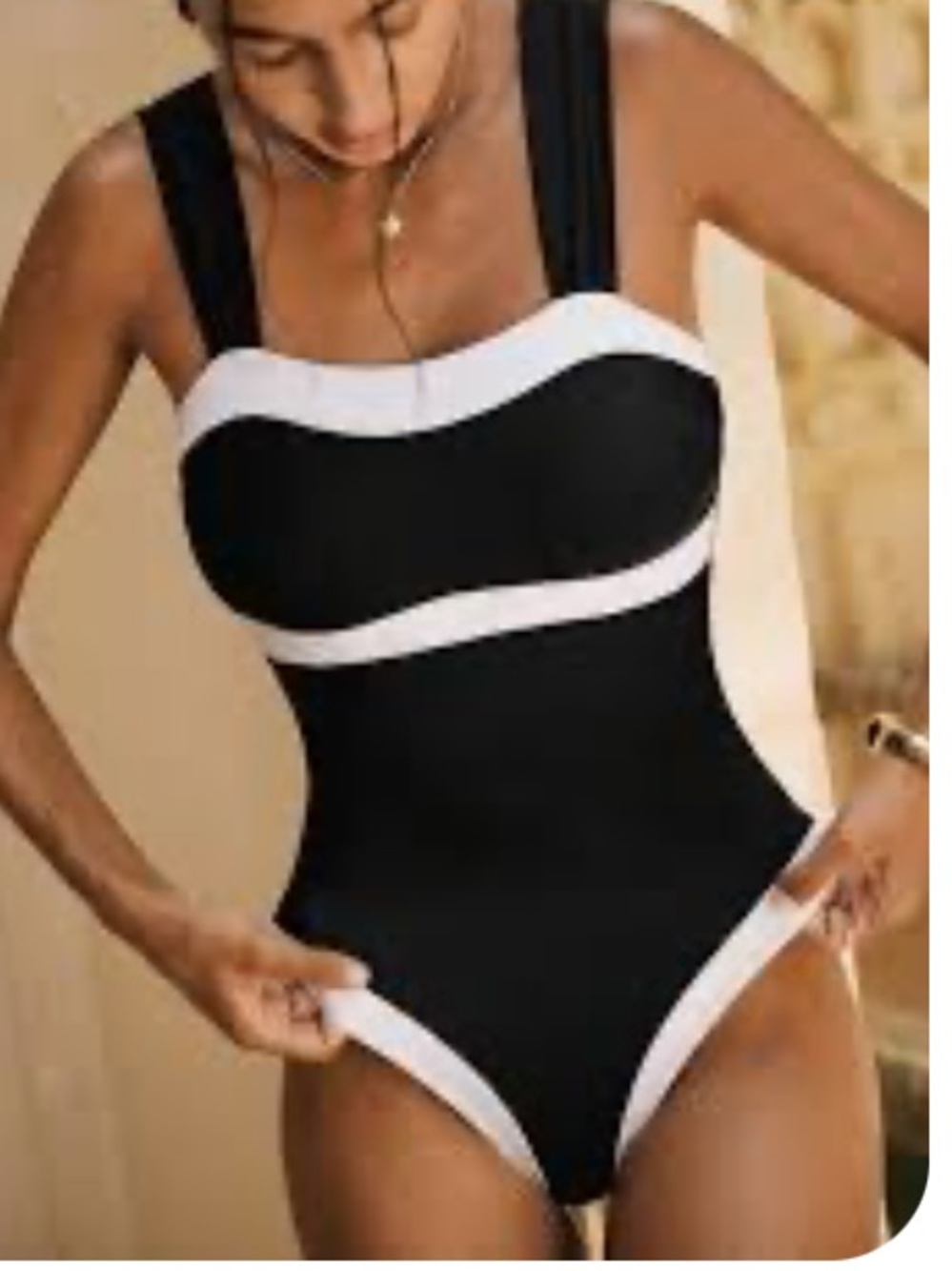 Black One-Piece Swimsuit with White Contrast Trim size L -NEW